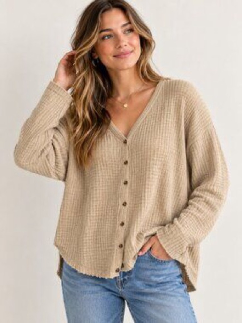 Urban Outfitters Out from Under Jojo Oversized Thermal Button-Front Top- Beige